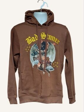 NWT Rebel Minds Bad Sinner Embroidered Brown Graphic Hoodie - Sweatshirt Size M